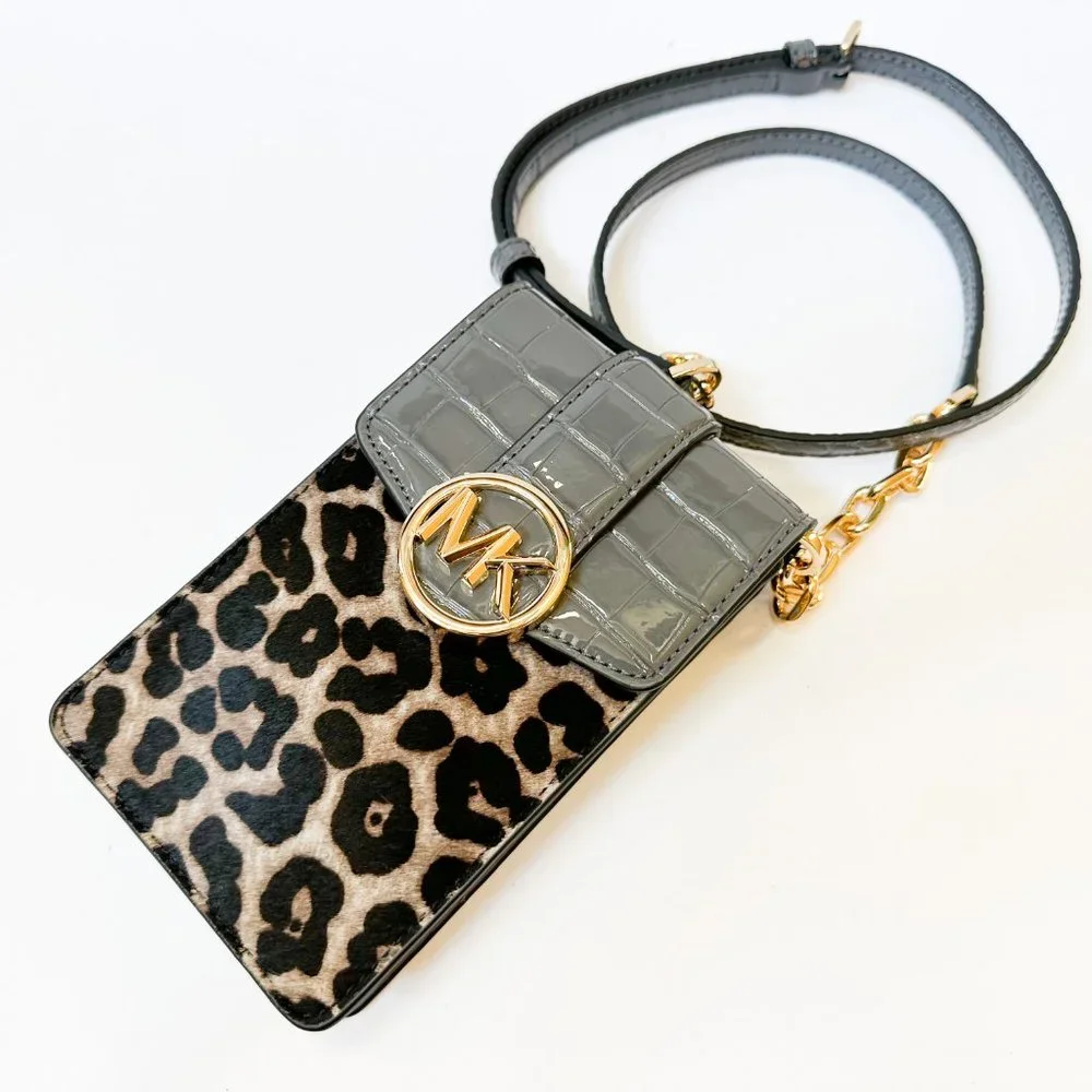 Michael Kors Gray Croc-Embossed & Leopard Phone Crossbody, like new, no tags